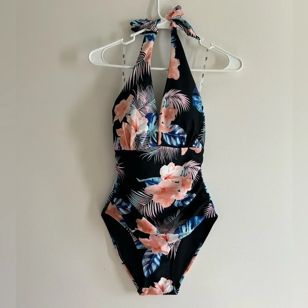 DKNY Floral Halter One-Piece Swimsuit Medium Black Pink Tropical NWT - Picture 3 of 9